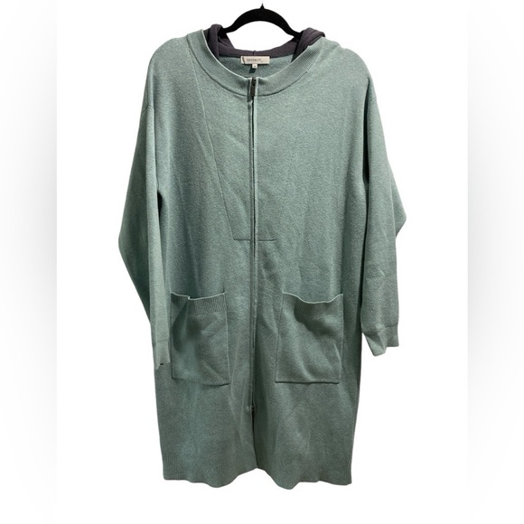Sandwich_ Mint Green Hooded Open Front Cardigan Sweater Duster Pockets cozy M - Picture 3 of 14